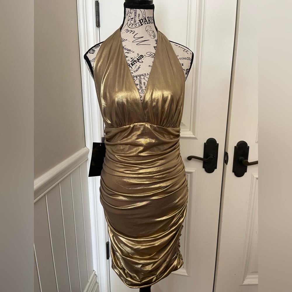 Nwt Bebe Corsican Nights gold foil shirred halter dress
